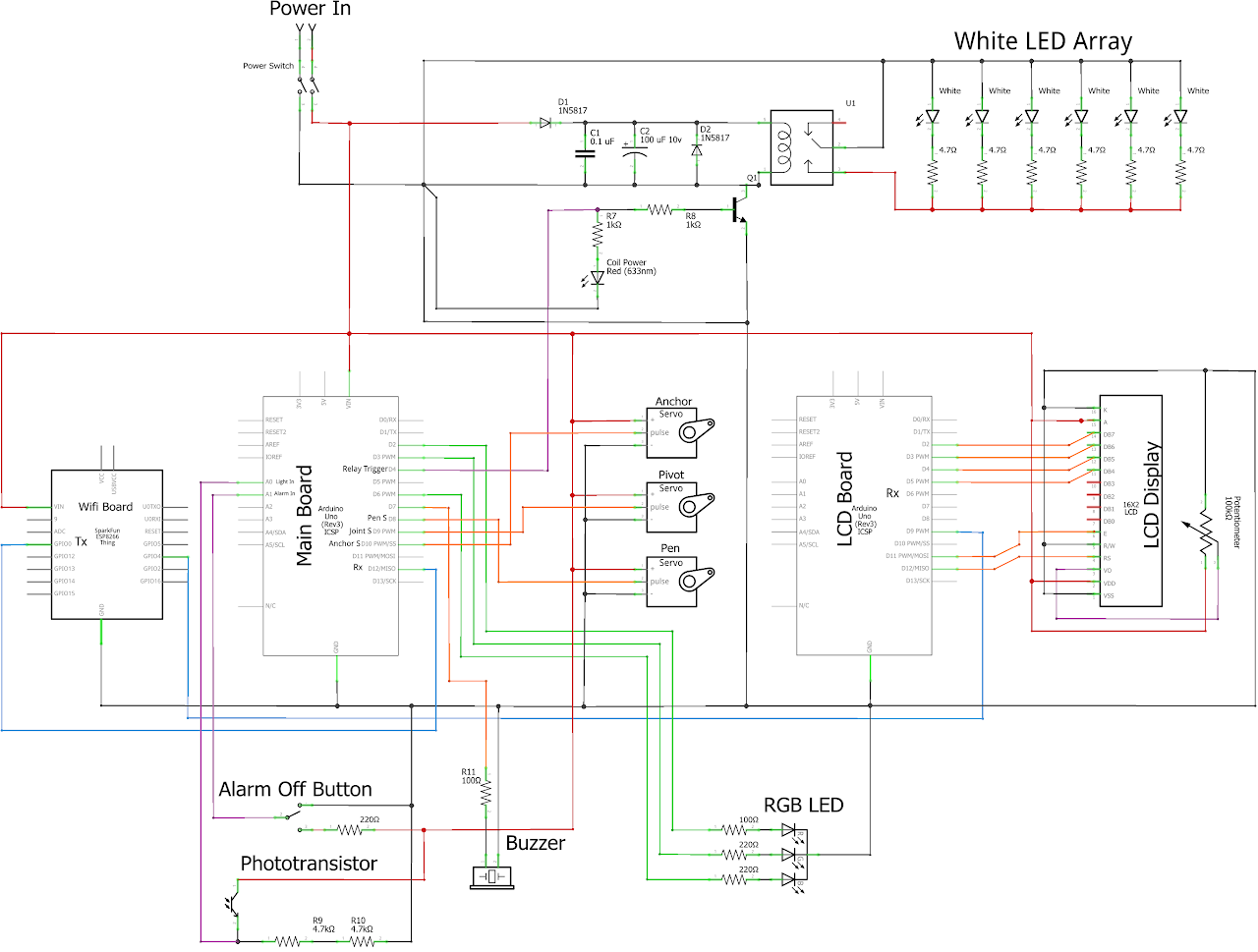 SCARA robot electrical schematic for servo control and Arduino wiring