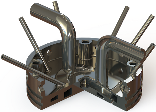 Quarter section of injector plate showing internal flow passages